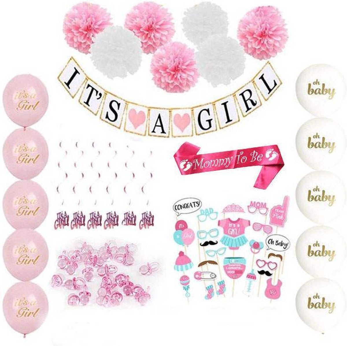 Joya® Babyshower Versiering Meisje | baby decoratie Its a girl | versier pakket roze | ballonnen sjerp slinger | geboorte